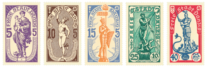 Plik:Seria znaczków pocztowych II Wolnego Miasta Gdańska, 1937 .JPG
