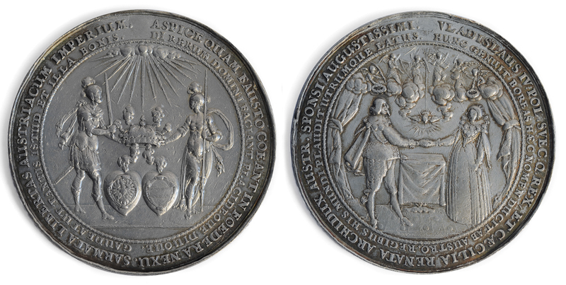 Plik:Medal zaślubinowy Władysława IV i Cecylii Renaty Habsburżanki, awers (z lewej) i rewers, Sebastian Dadler, 1637.JPG