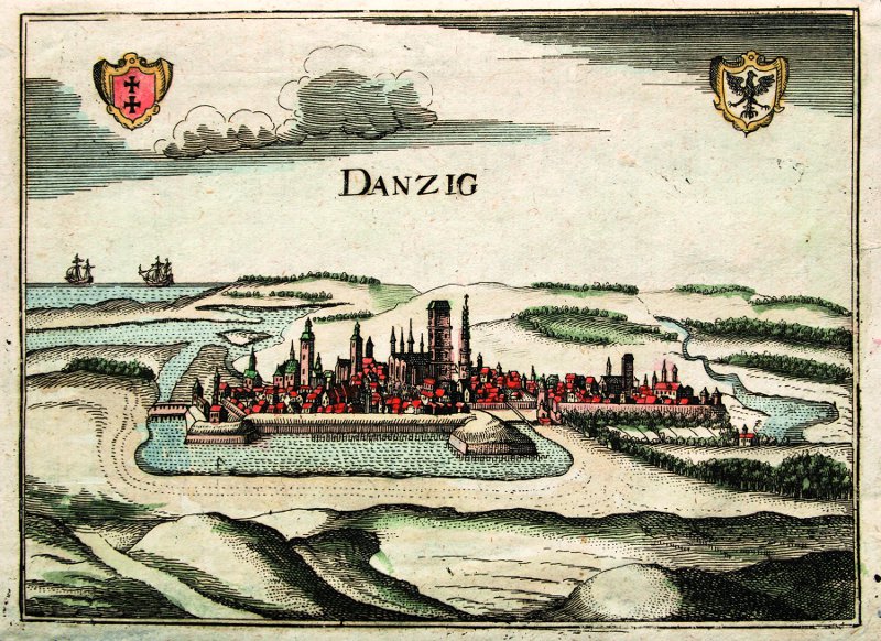 Plik:Panorama miasta, w górnych narożnikach herby Gdańska i Polski, około 1650.jpg