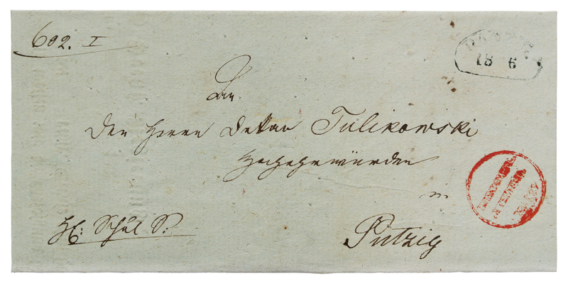 Plik:Odkażony, ostemplowany na czerwono, list wysłany z Gdańska w czasie epidemii w 1831 roku.JPG
