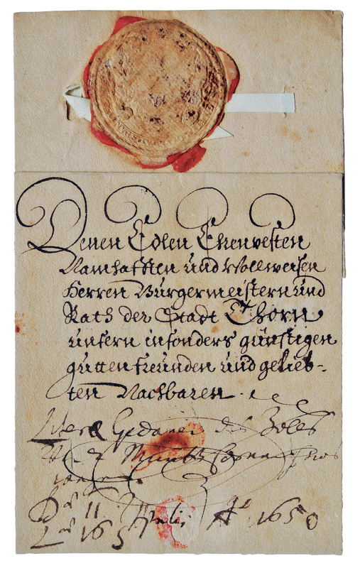 Plik:List wysłany z Gdańska do Torunia, 1650.JPG