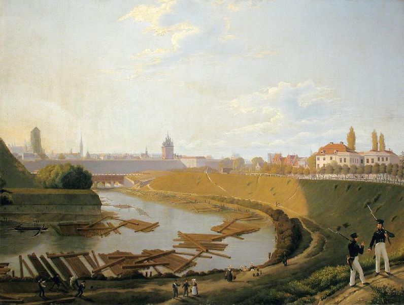 Plik:Tratwy z drewnem w fosie miejskiej (widok z dzisiejszej ul. 3 Maja), Friedrich Eduard Meyerheim, 1829.JPG